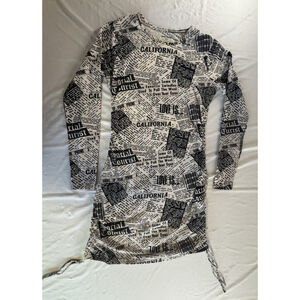 Social Tourist Ruched Bodycon Mini Dress Large Black White Newspaper Print